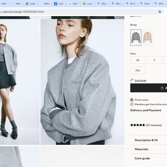 Short Grey Bomber Jacket H & M-Brand new Never Worn! Size large. - Picture 2 of 2